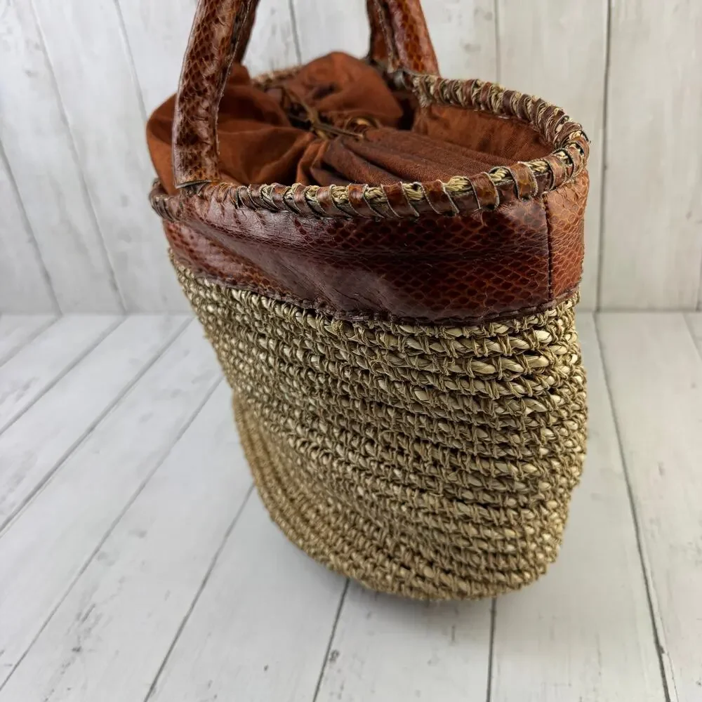 VTG Beirn Brown Cotton Raffia and Leather Trim Shoulder Tote Bag Hand Made